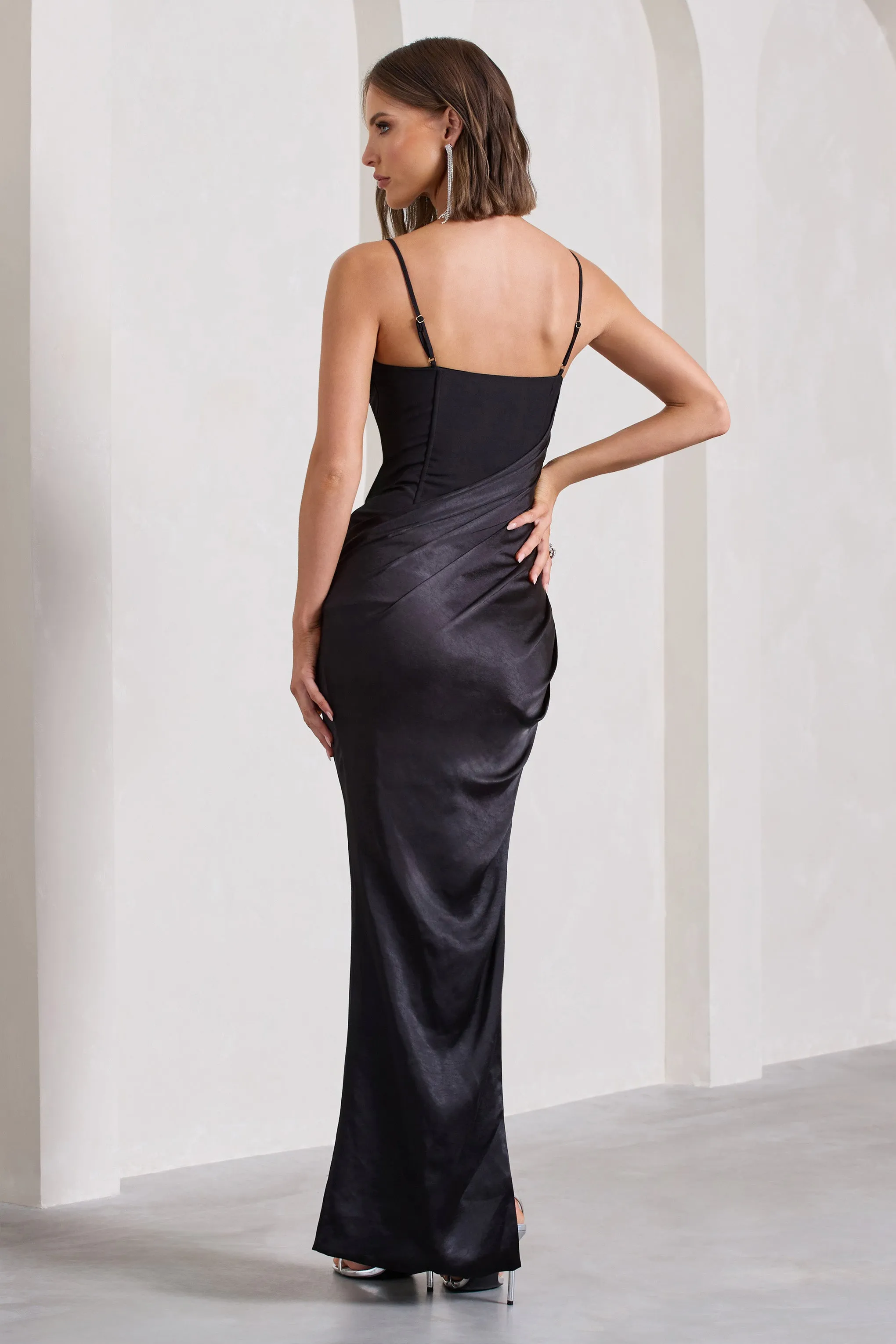 In Attendance | Black Satin Draped Corset Split Maxi Dress sold by Club L London product image thumbnail 2