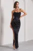 In Attendance | Black Satin Draped Corset Split Maxi Dress sold by Club L London