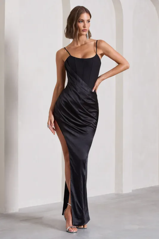 In Attendance | Black Satin Draped Corset Split Maxi Dress sold by Club L London