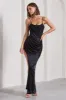 In Attendance | Black Satin Draped Corset Split Maxi Dress sold by Club L London