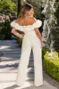 Enchanted | Ivory Puff Bardot Wide Leg Jumpsuit sold by Club L London