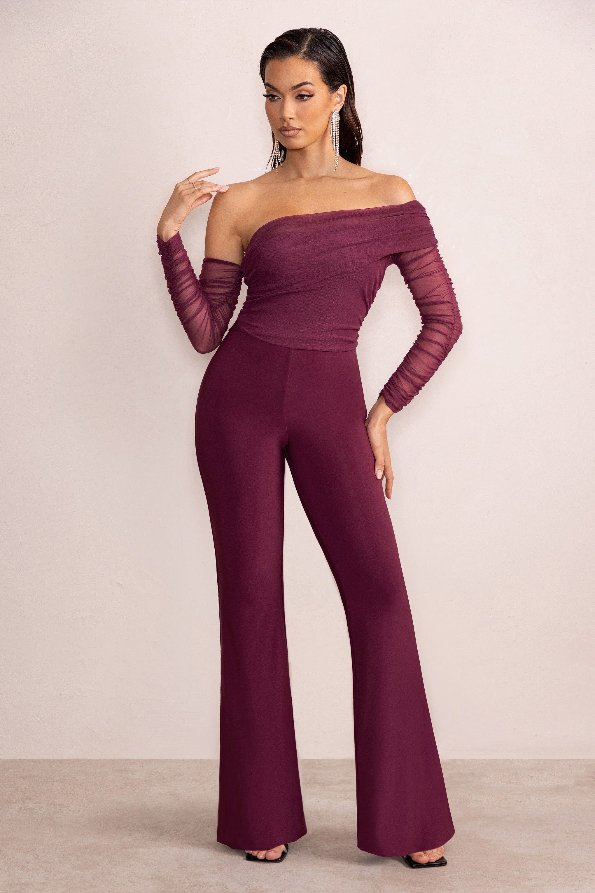 Emmeline | Wine Asymmetric Bardot Flared Jumpsuit With Mesh Sleeves sold by Club L London product image thumbnail 4