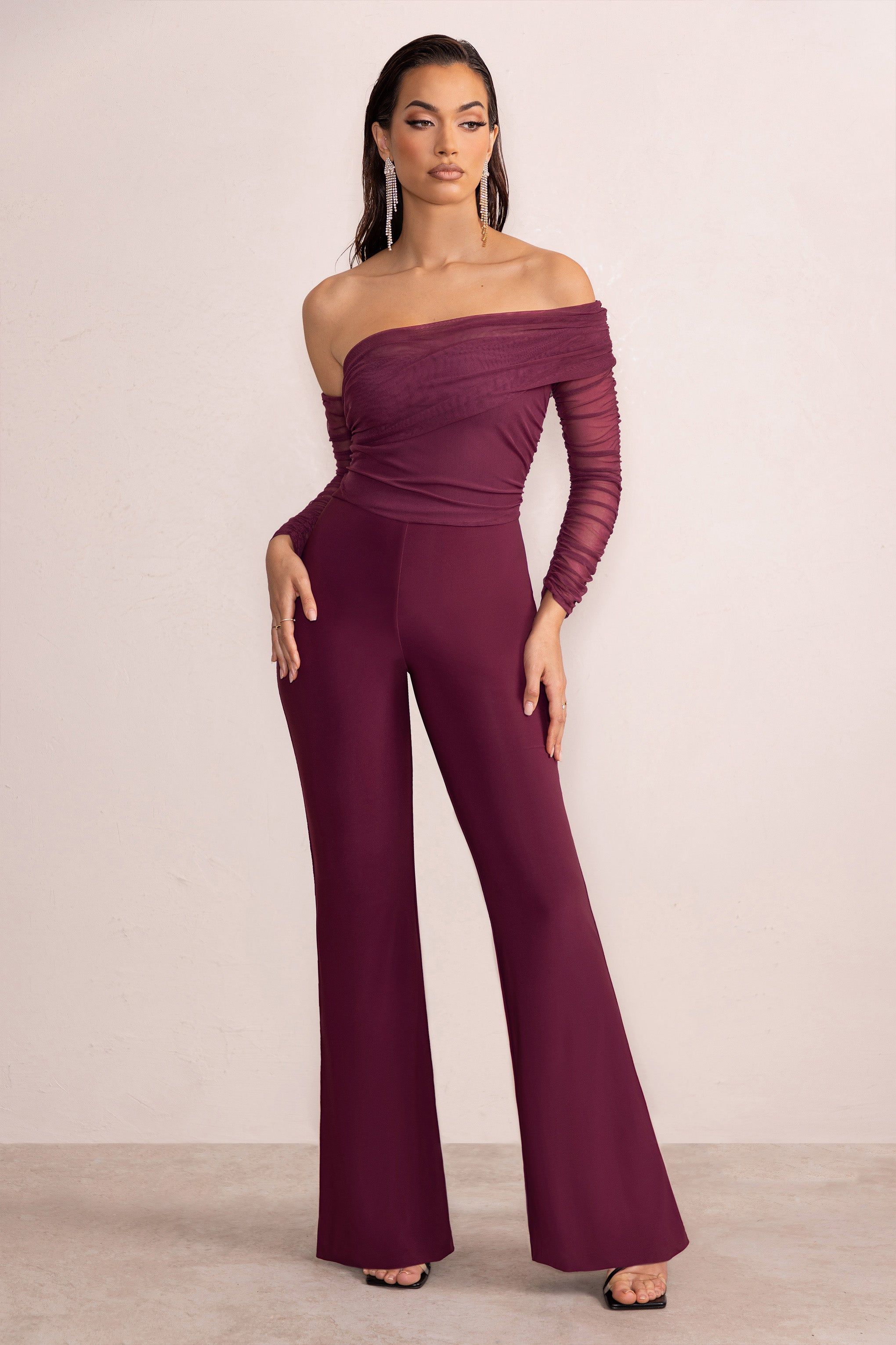 Emmeline | Wine Asymmetric Bardot Flared Jumpsuit With Mesh Sleeves sold by Club L London