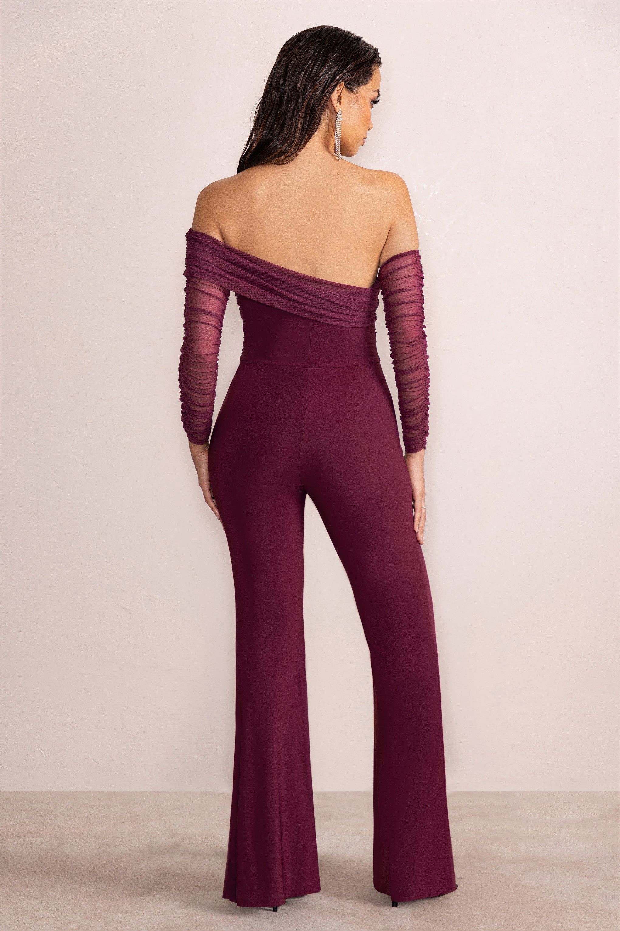 Emmeline | Wine Asymmetric Bardot Flared Jumpsuit With Mesh Sleeves sold by Club L London product image thumbnail 2