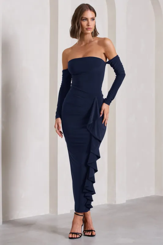 Montana | Navy Bardot Ruffle Maxi Dress sold by Club L London