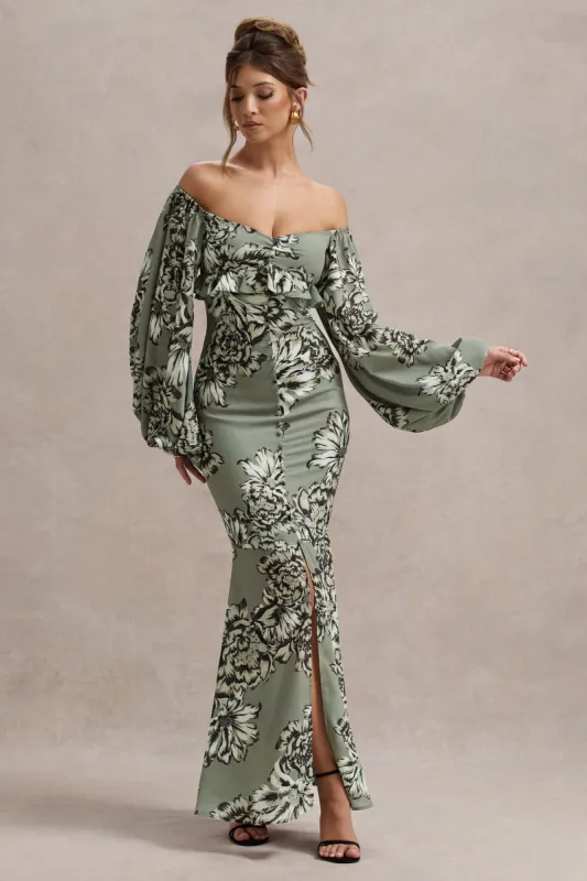 Murcia | Olive Floral Print Chiffon Puff-Sleeve Button Maxi Dress sold by Club L London