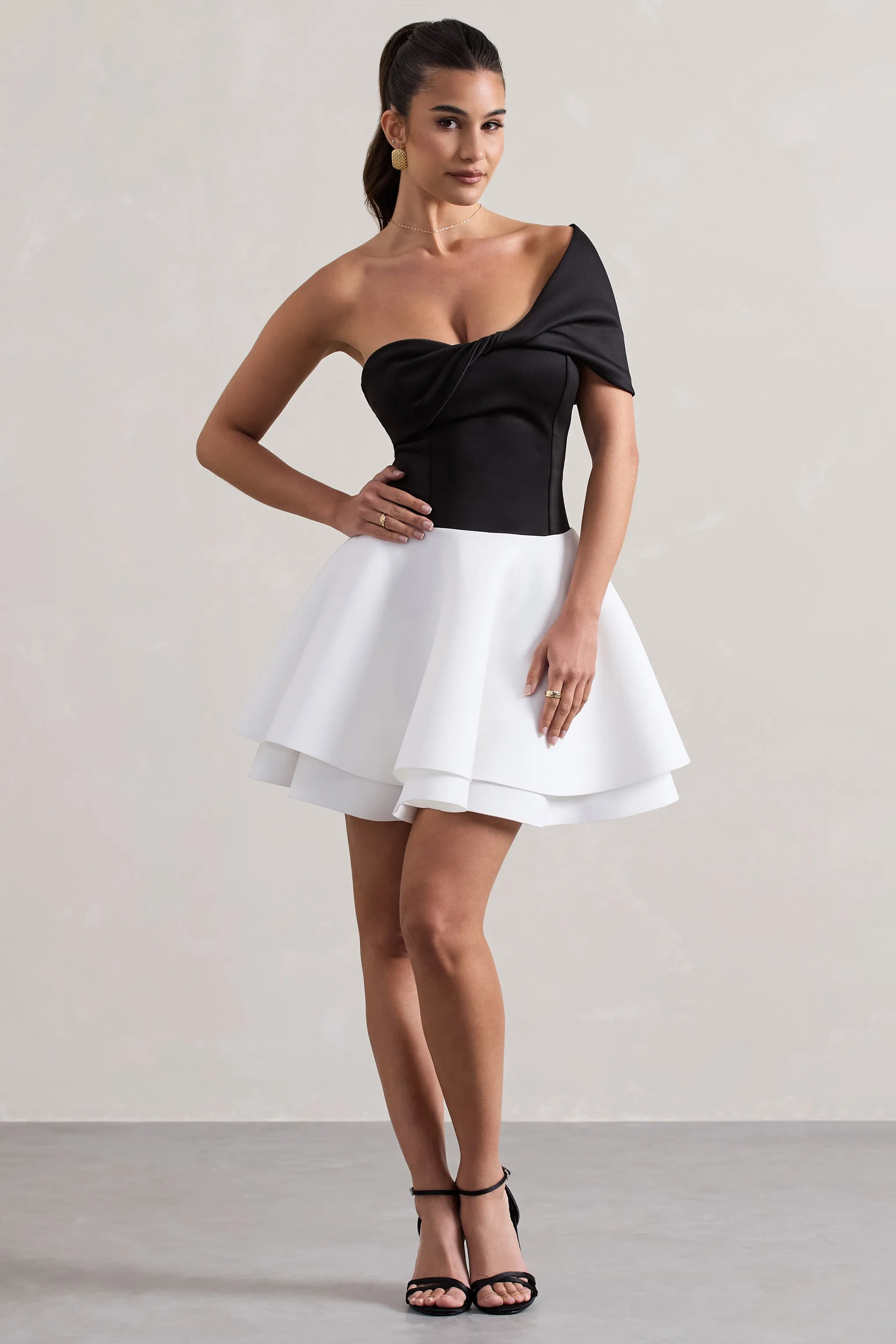 Effie | Black & White Twisted Bardot Skater Mini Dress sold by Club L London