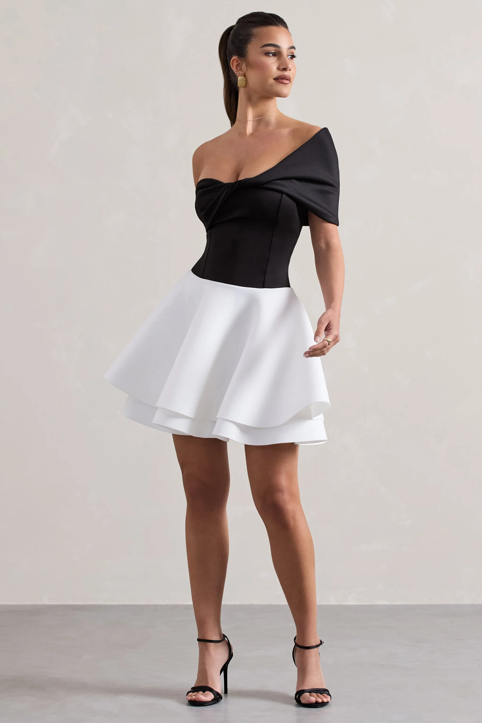 Effie | Black & White Twisted Bardot Skater Mini Dress sold by Club L London product image thumbnail 4