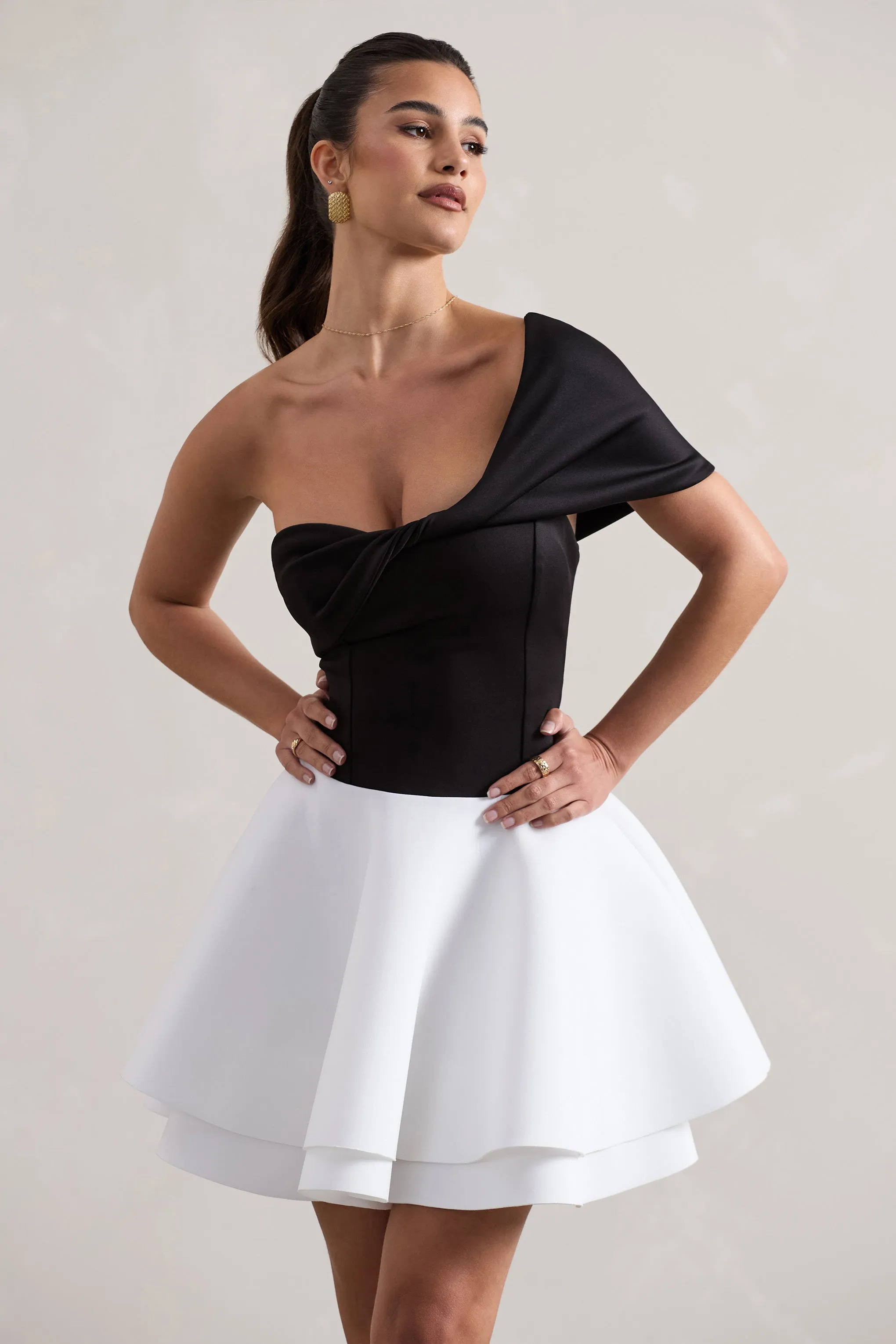 Effie | Black & White Twisted Bardot Skater Mini Dress sold by Club L London product image thumbnail 3