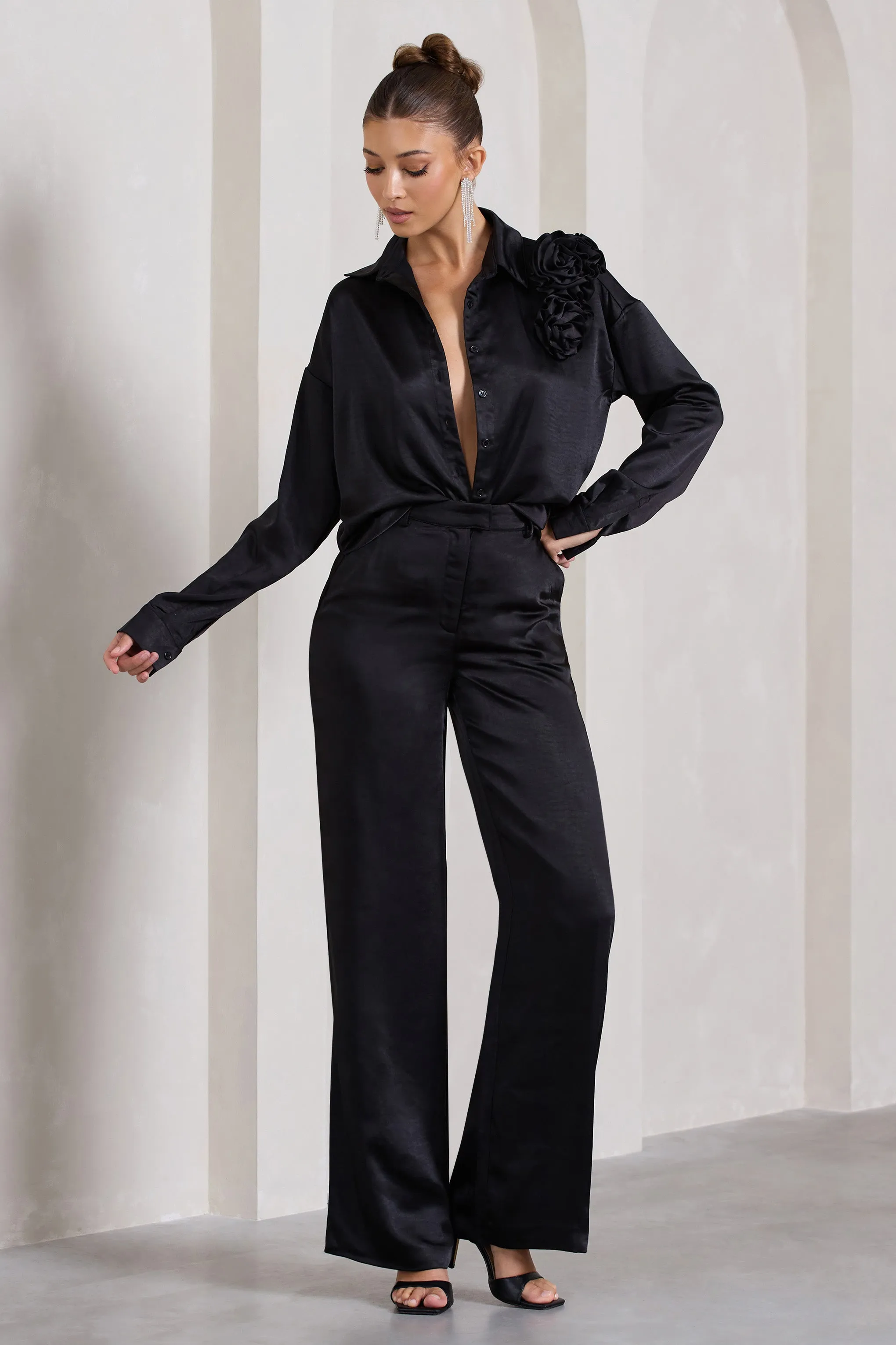 No Limits | Black Satin Wide-Leg Trousers sold by Club L London