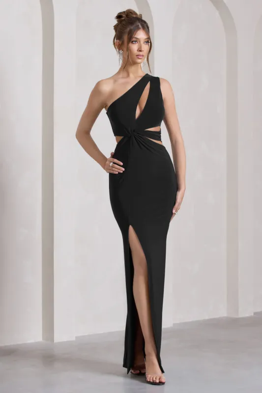 Emmy | Black One Shoulder Cut-Out Split Maxi Dress sold by Club L London