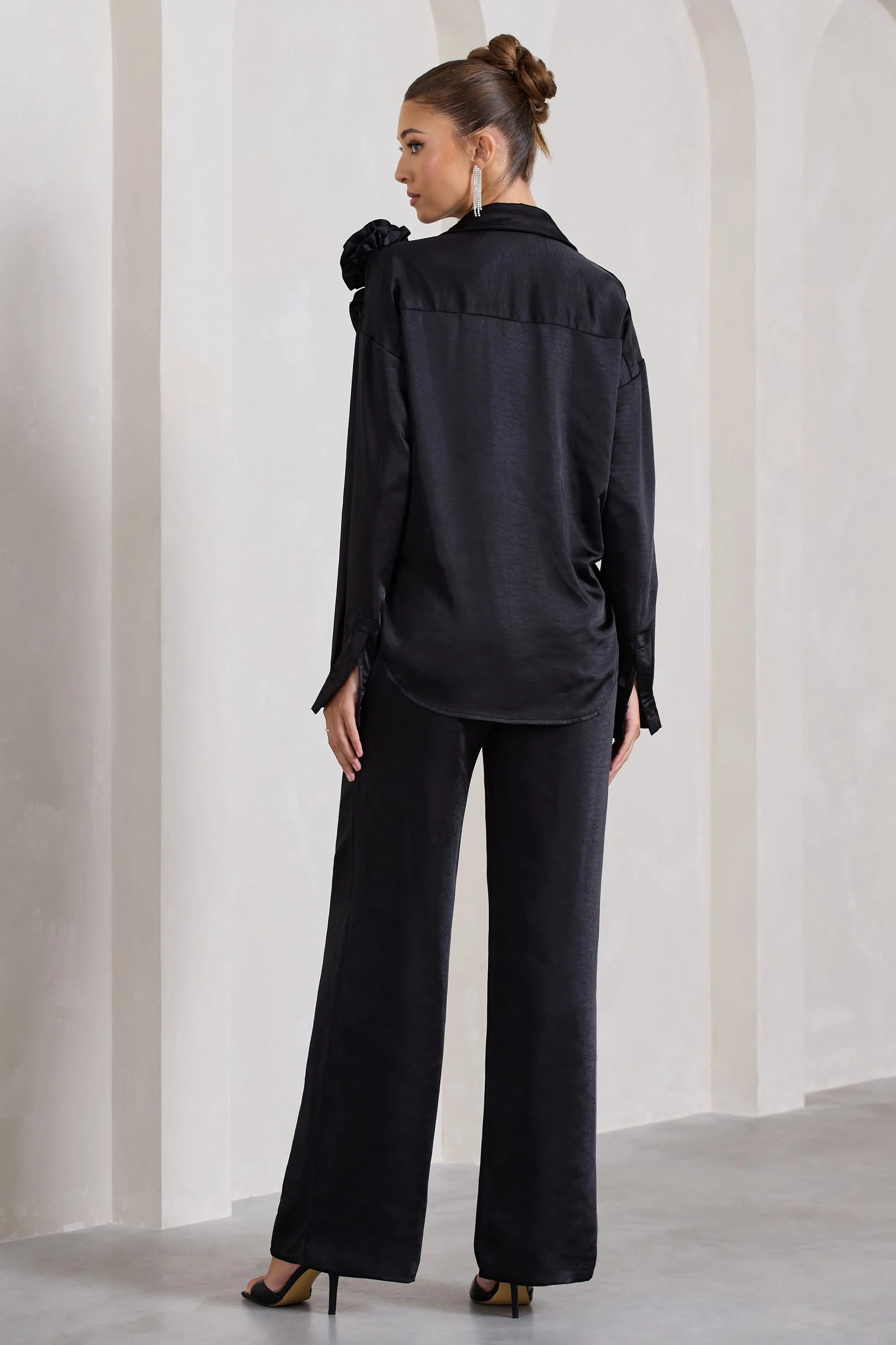 No Limits | Black Satin Wide-Leg Trousers sold by Club L London product image thumbnail 2