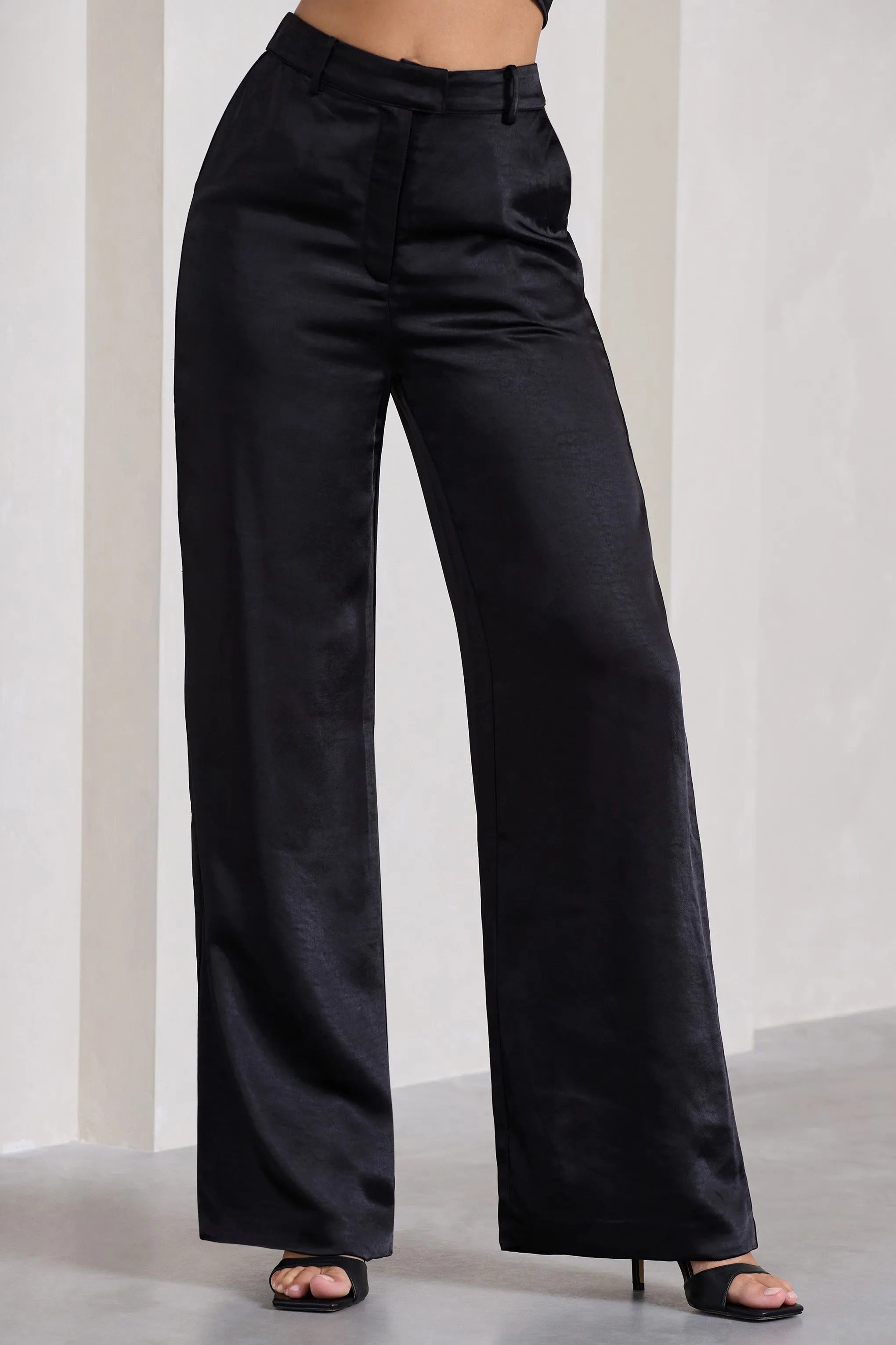 No Limits | Black Satin Wide-Leg Trousers sold by Club L London product image thumbnail 3