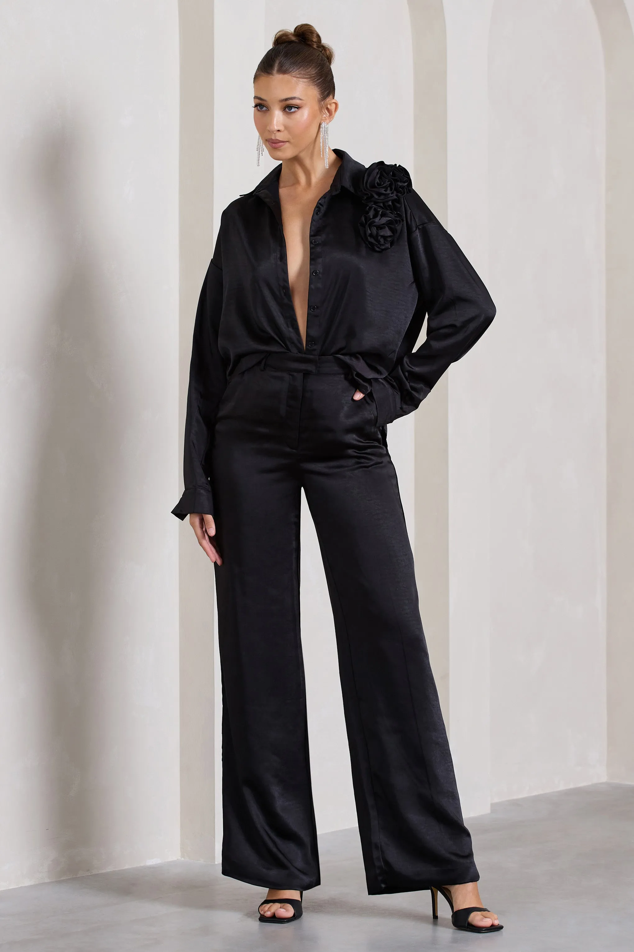 No Limits | Black Satin Wide-Leg Trousers sold by Club L London product image thumbnail 5