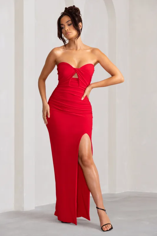 Florencia | Red Sweetheart Bandeau Neckline Maxi Dress With Front Drape Detail sold by Club L London