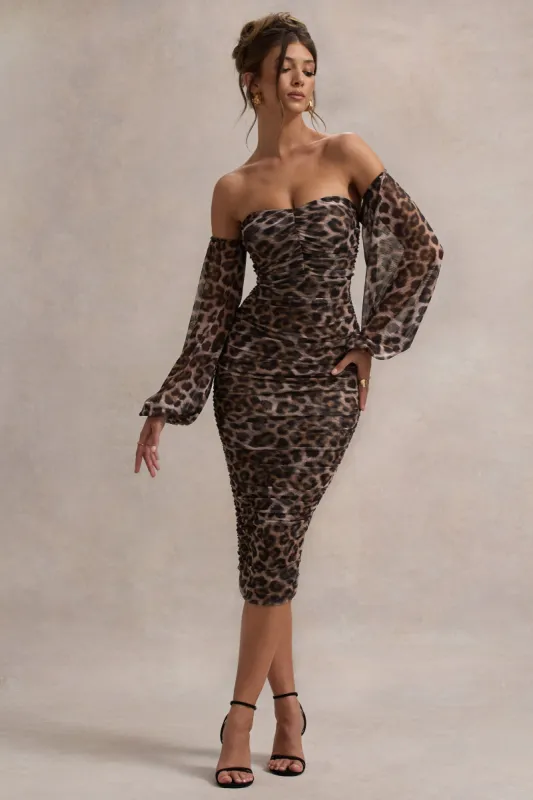 Rica | Leopard Print Bardot Puff-Sleeve Midi Dress sold by Club L London