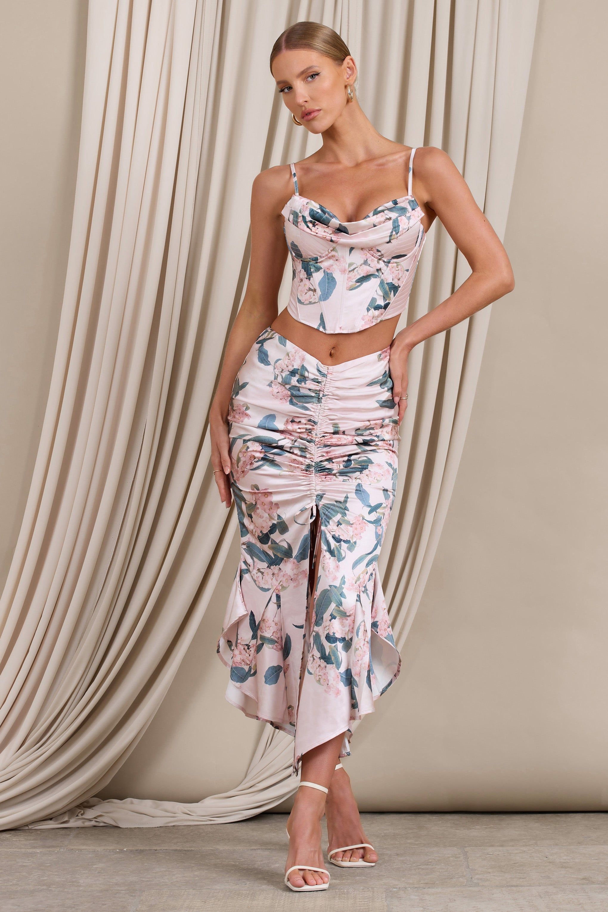 Per Favore | Pink Satin Ruched Split Maxi Skirt sold by Club L London product image thumbnail 5