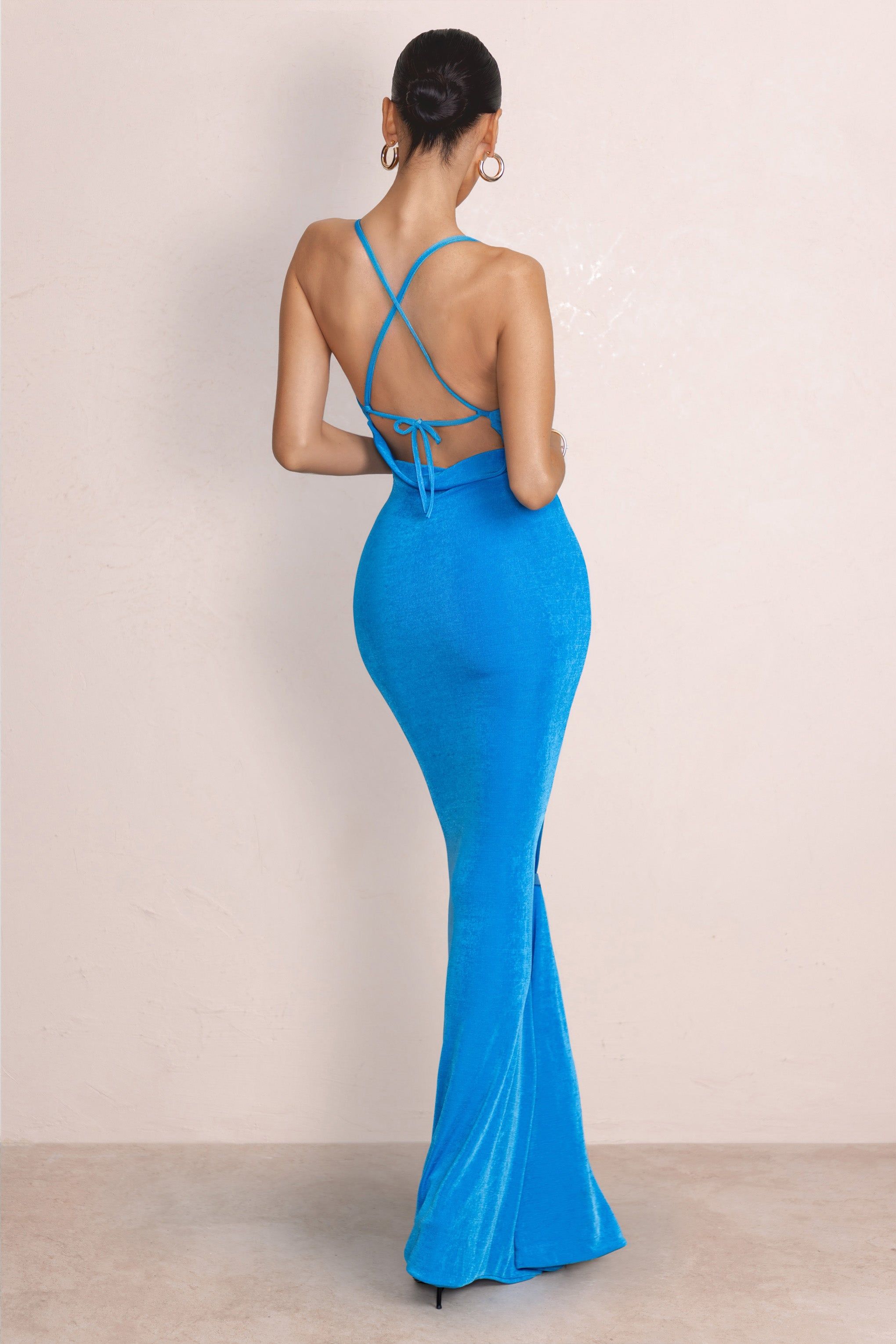 In My Feelings | Blue Cowl Neck Thigh Split Open Back Maxi Dress sold by Club L London product image thumbnail 2