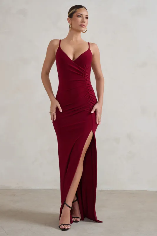 Jeanne | Berry Red Plunge Ruched Cami Maxi Dress With Split sold by Club L London