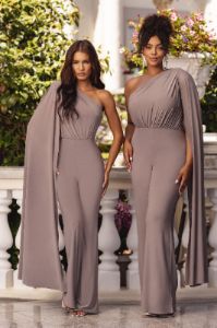 Aurora | Light Mocha One Shoulder Cape Sleeve Jumpsuit sold by Club L London
