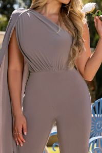 Aurora | Light Mocha One Shoulder Cape Sleeve Jumpsuit sold by Club L London