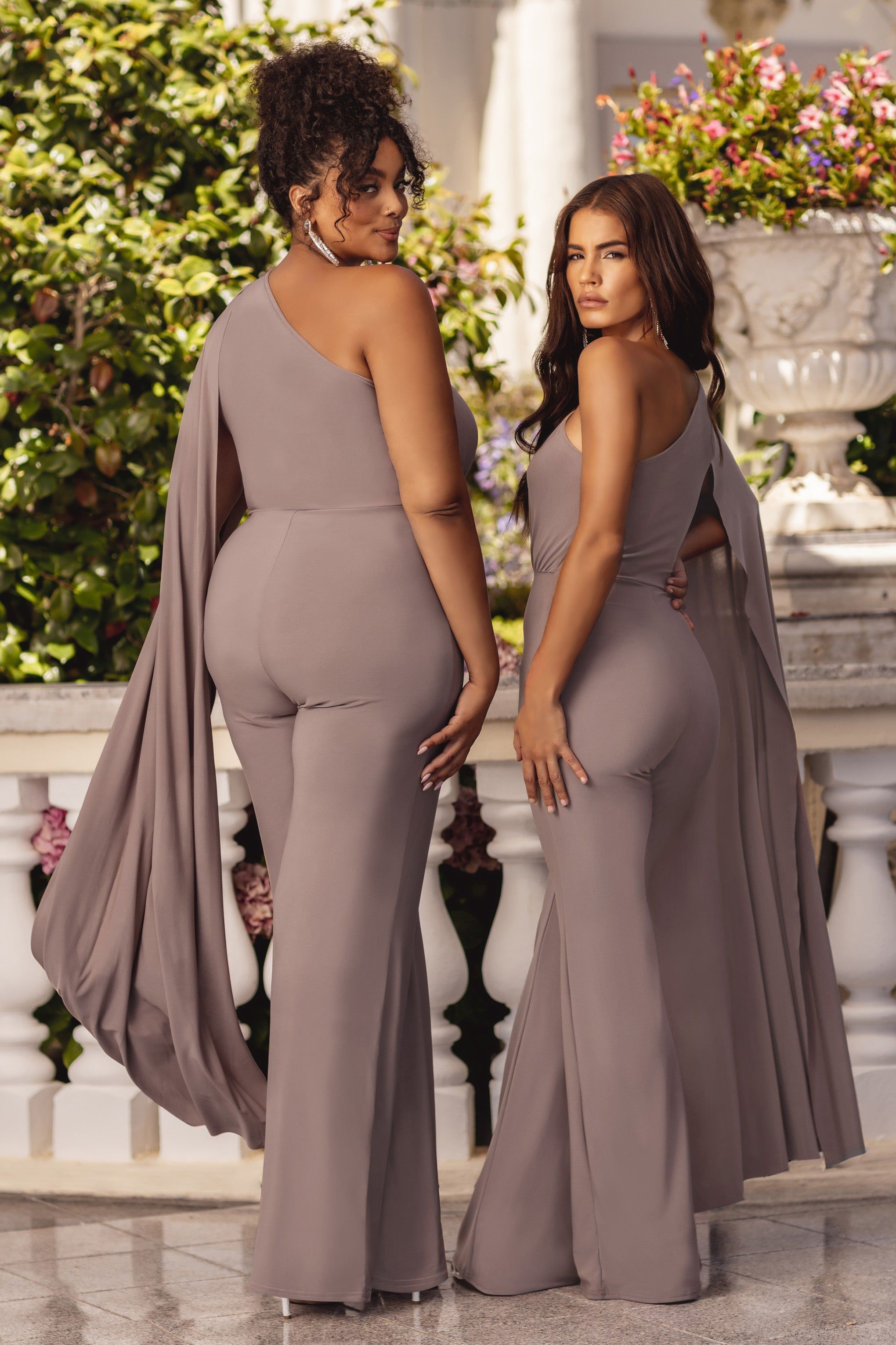 Aurora | Light Mocha One Shoulder Cape Sleeve Jumpsuit sold by Club L London product image thumbnail 6