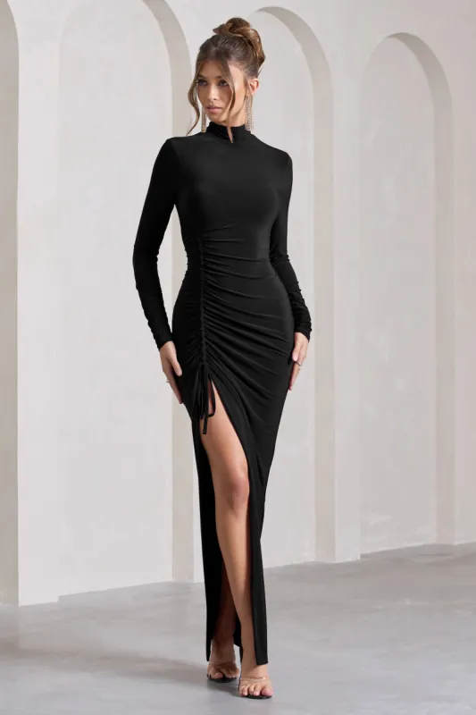 Lynn | Black Ruched High-Neck Split Maxi Dress made by Club L London