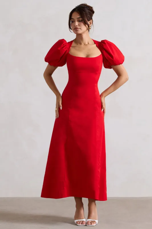 Hacienda | Red Poplin Puff-Sleeve Maxi Dress sold by Club L London
