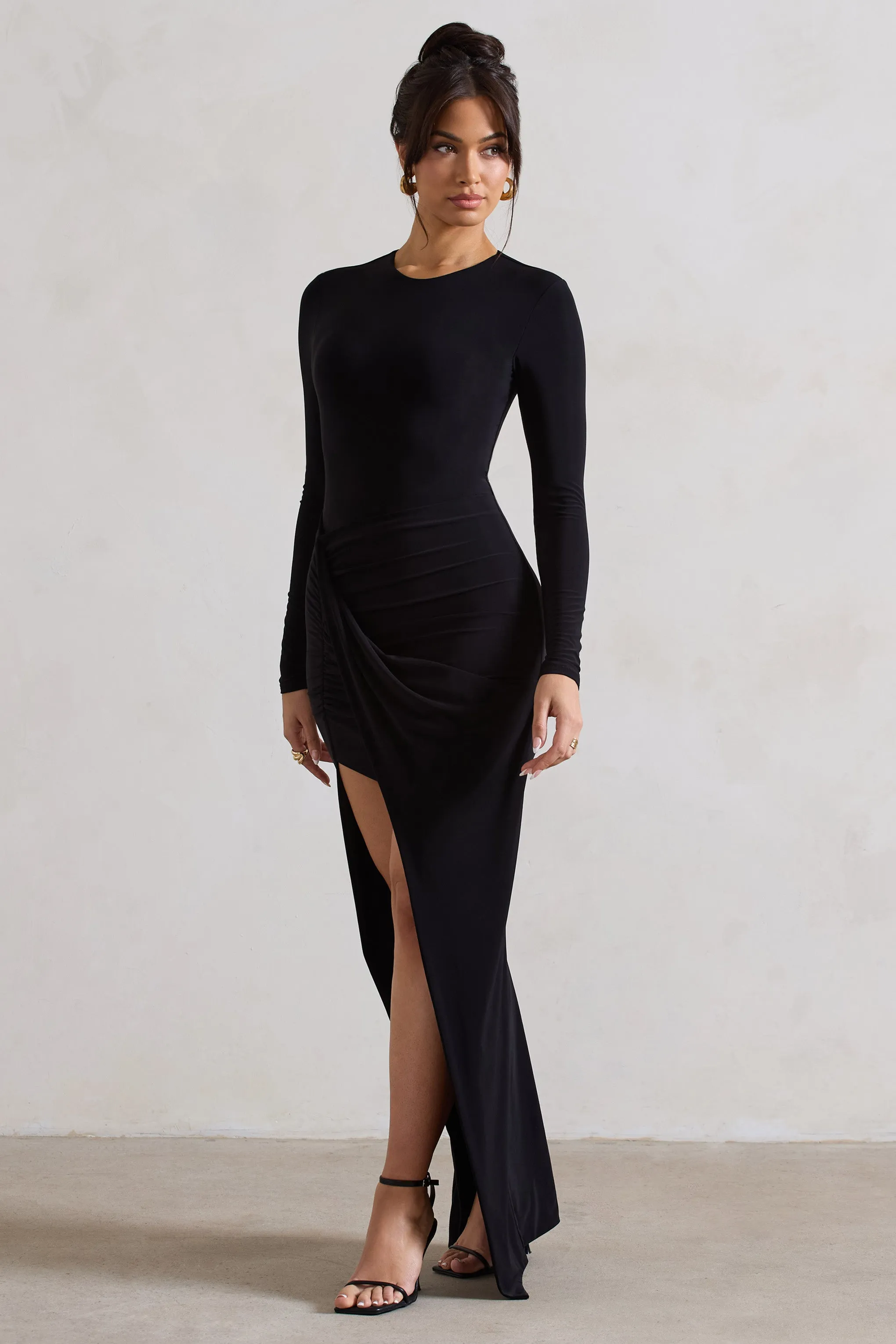 Rebekah | Black Long-Sleeve Wrap Maxi Dress sold by Club L London product image thumbnail 4