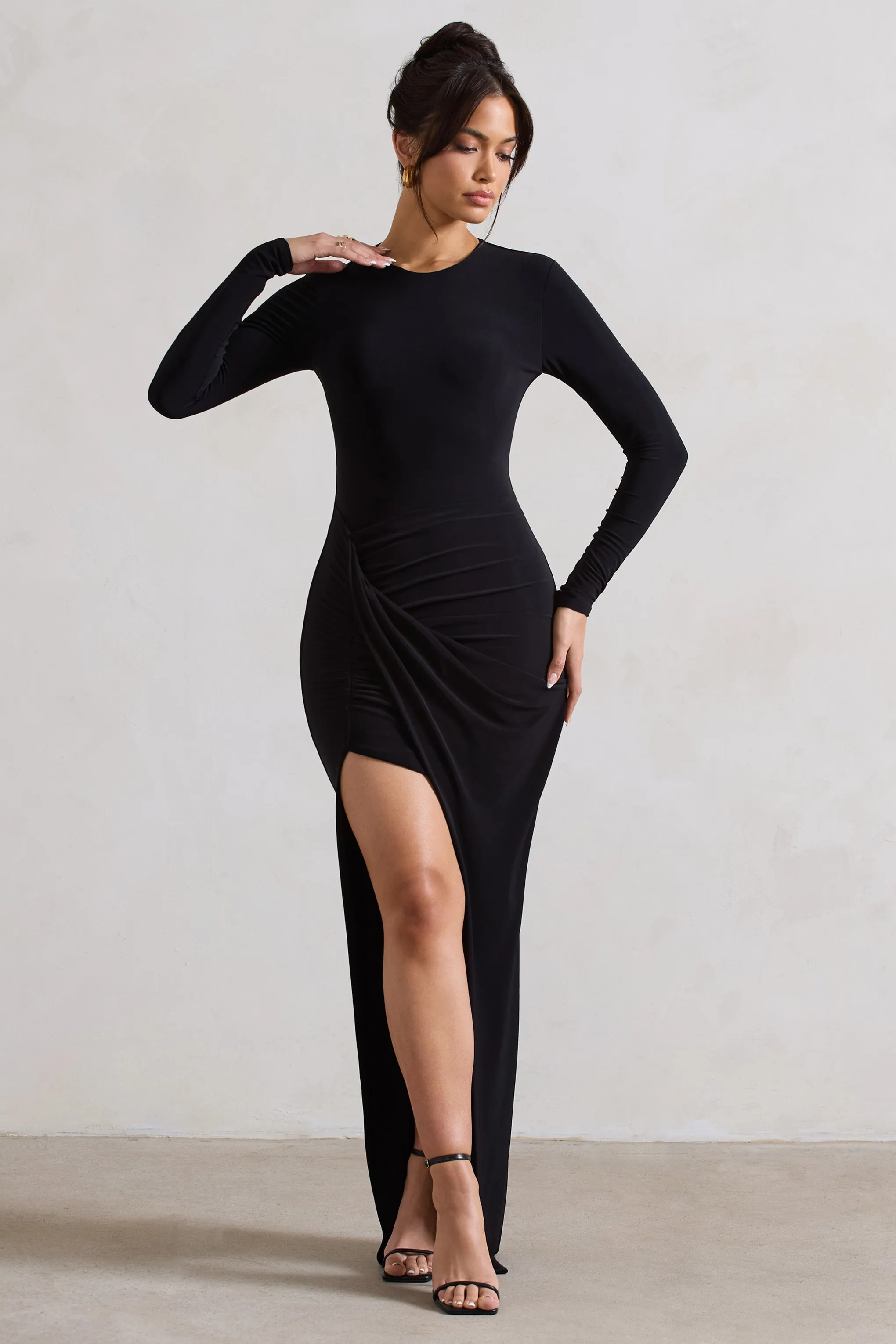 Rebekah | Black Long-Sleeve Wrap Maxi Dress sold by Club L London