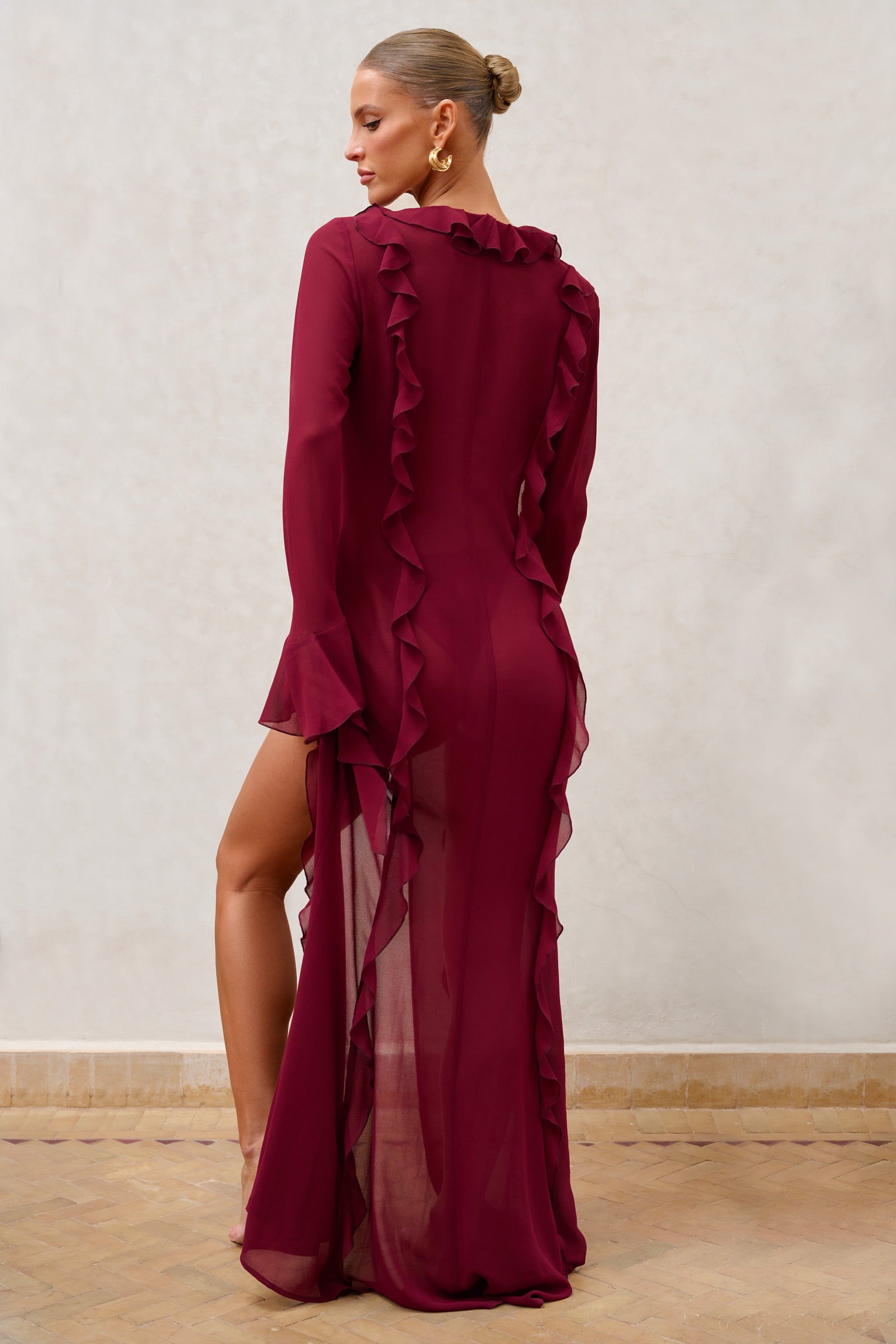 Cascades | Burgundy Long Sleeve Maxi Chiffon Ruffle Cover Up sold by Club L London product image thumbnail 2