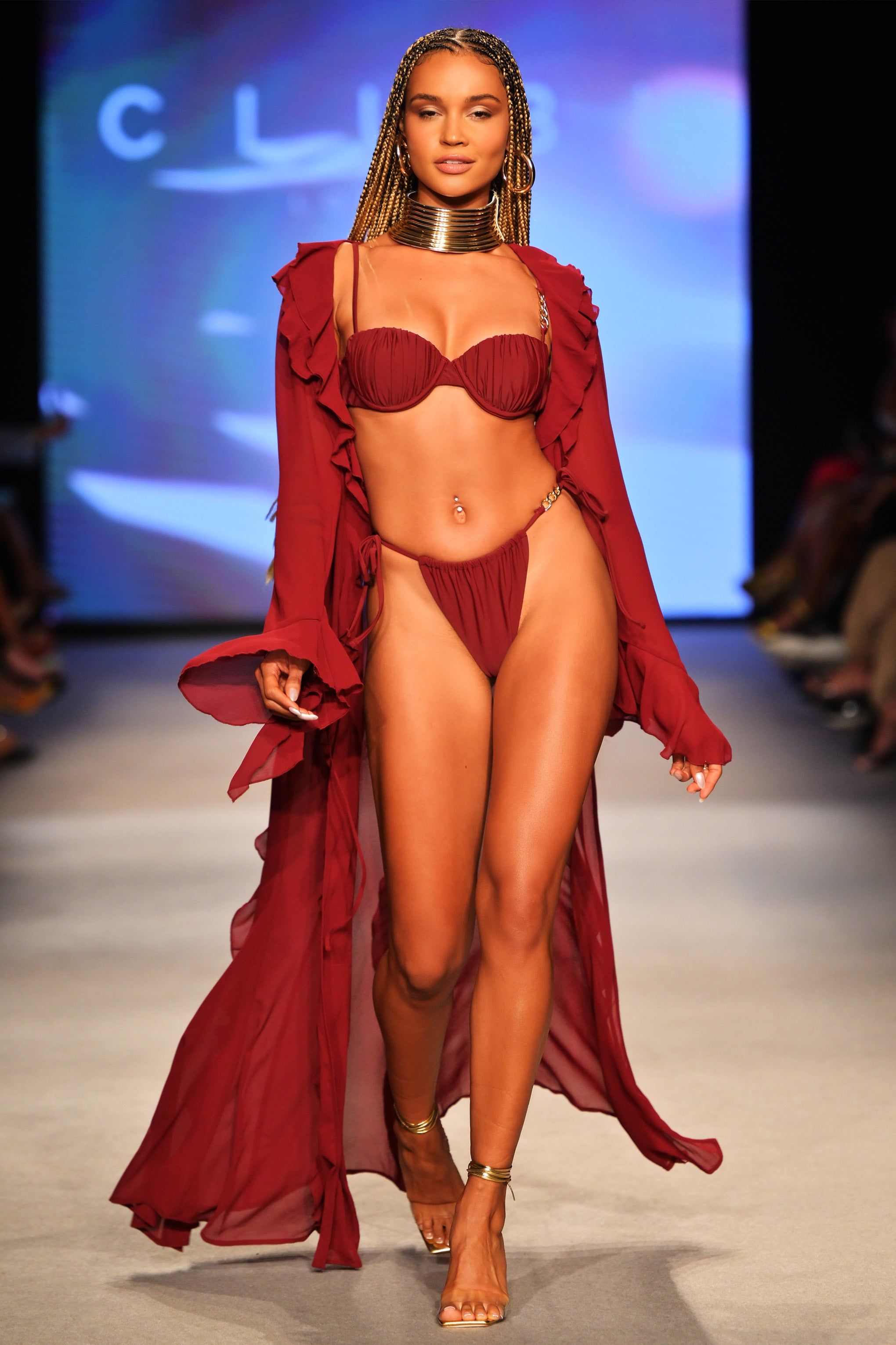 Cascades | Burgundy Long Sleeve Maxi Chiffon Ruffle Cover Up sold by Club L London product image thumbnail 4