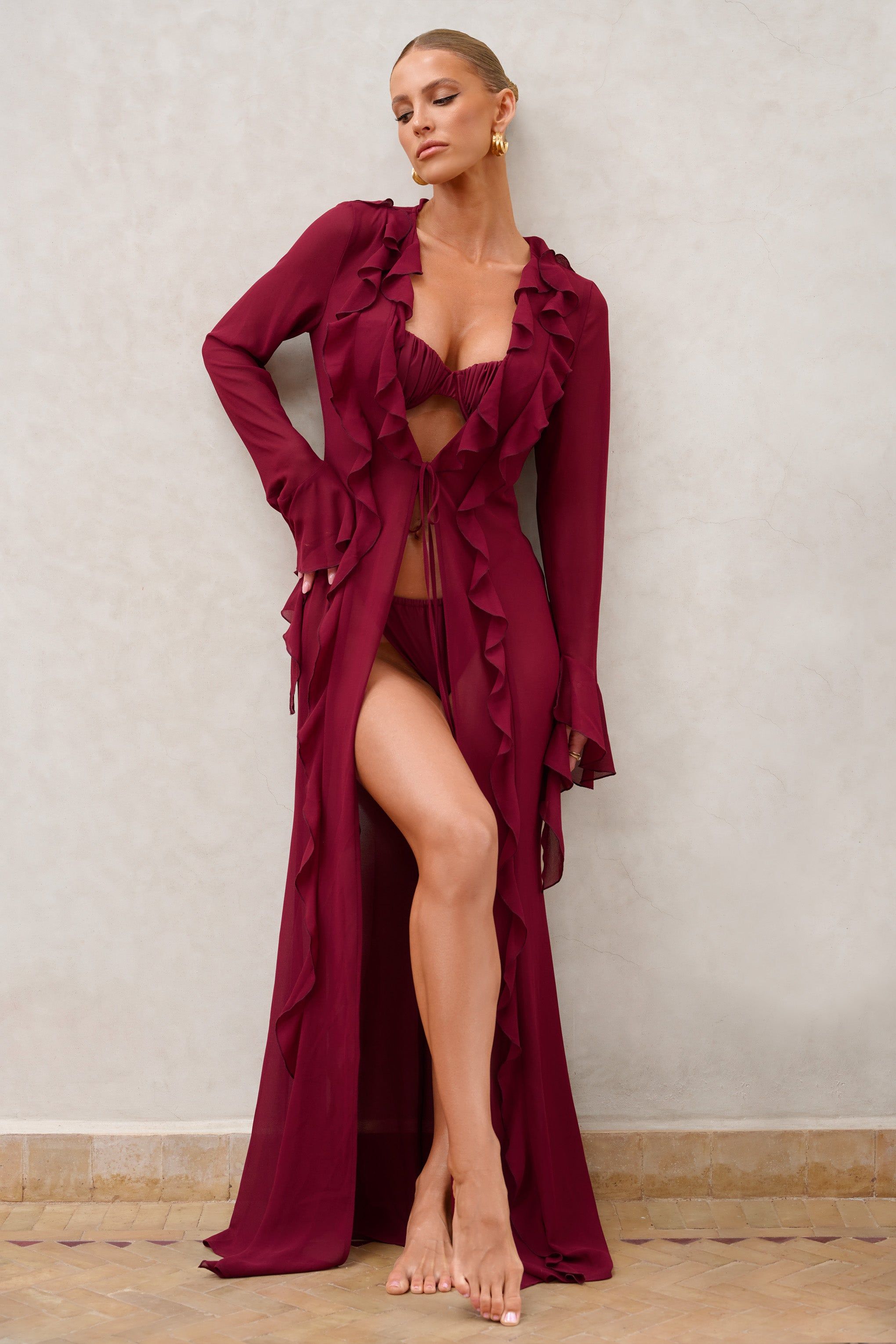 Cascades | Burgundy Long Sleeve Maxi Chiffon Ruffle Cover Up sold by Club L London
