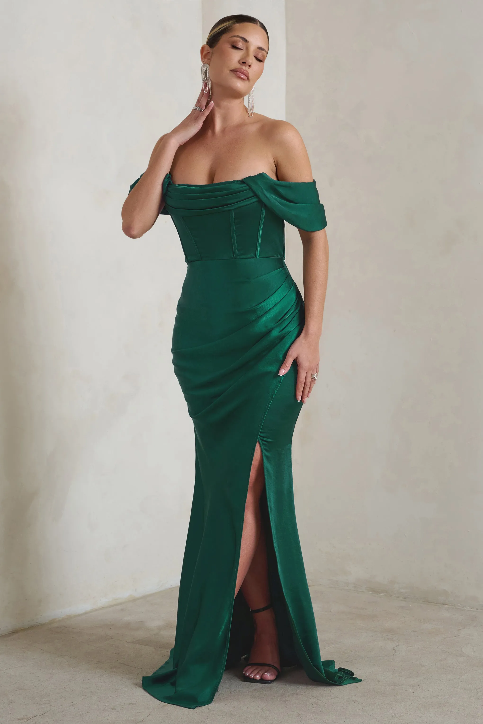 Kimberly | Bottle Green Bardot Satin Maxi Dress sold by Club L London product image thumbnail 4