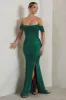 Kimberly | Bottle Green Bardot  Satin Maxi Dress sold by Club L London