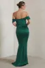 Kimberly | Bottle Green Bardot  Satin Maxi Dress sold by Club L London