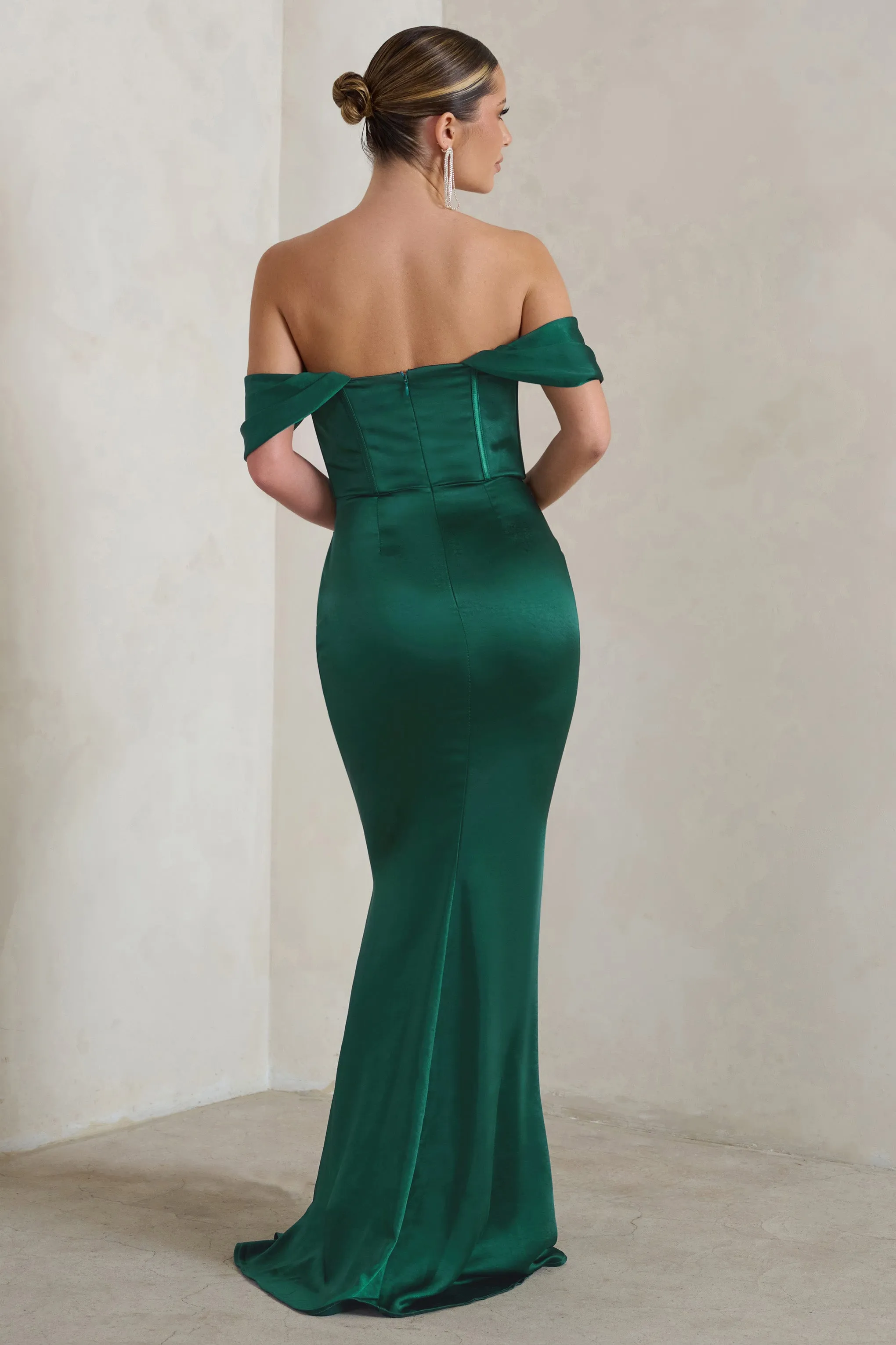 Kimberly | Bottle Green Bardot Satin Maxi Dress sold by Club L London product image thumbnail 2