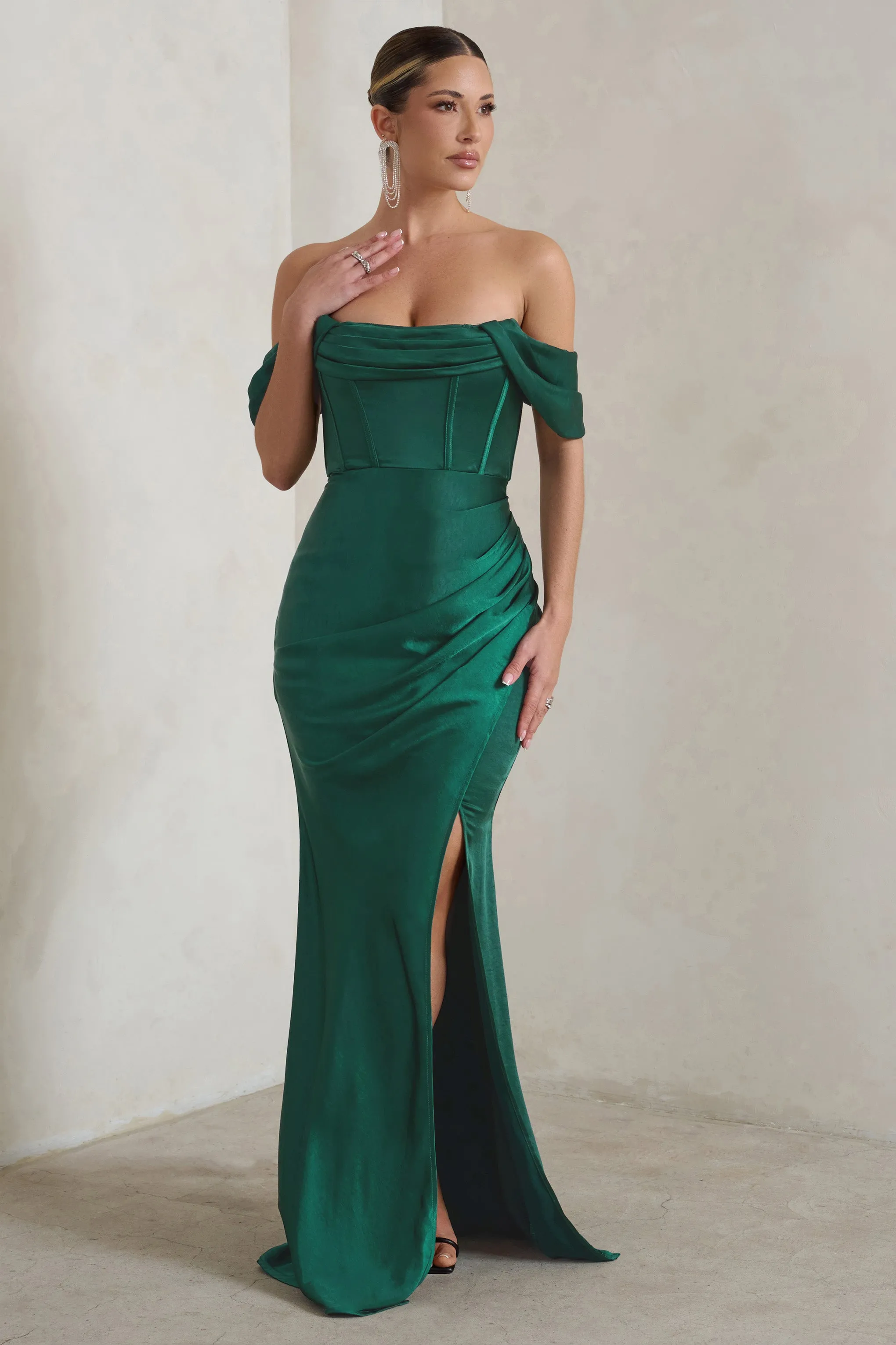 Kimberly | Bottle Green Bardot Satin Maxi Dress sold by Club L London