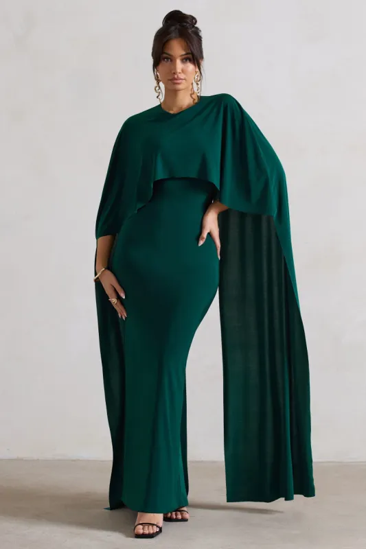 Padma | Bottle Green Draped Bardot Maxi Dress With Cape Sleeves sold by Club L London
