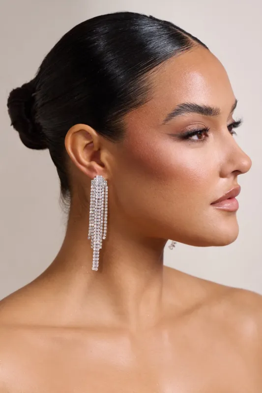Angelina | Silver Diamante Drop Tassel Earrings sold by Club L London