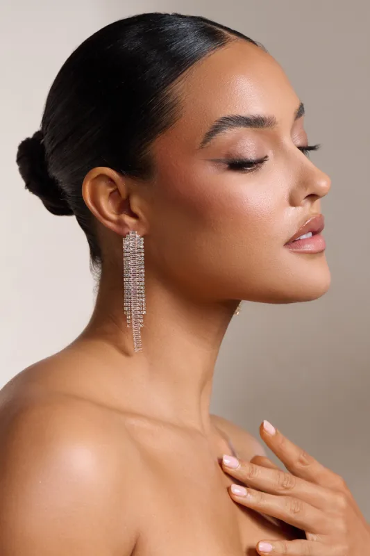 Angelina | Gold Diamante Drop Tassel Earrings sold by Club L London