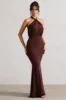 Vanessa | Chocolate Brown Knot Halter-Neck Maxi Dress sold by Club L London