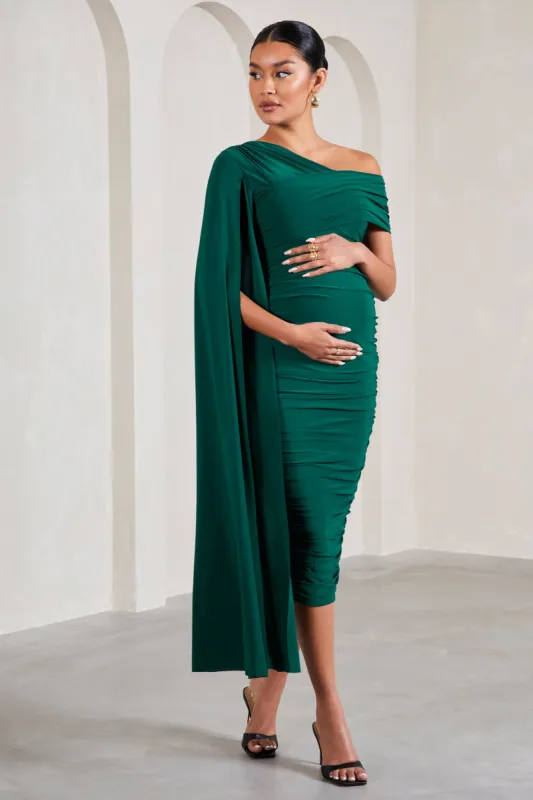 Serenity | Bottle Green Ruched Asymmetric Maternity Midi Dress With Cape sold by Club L London