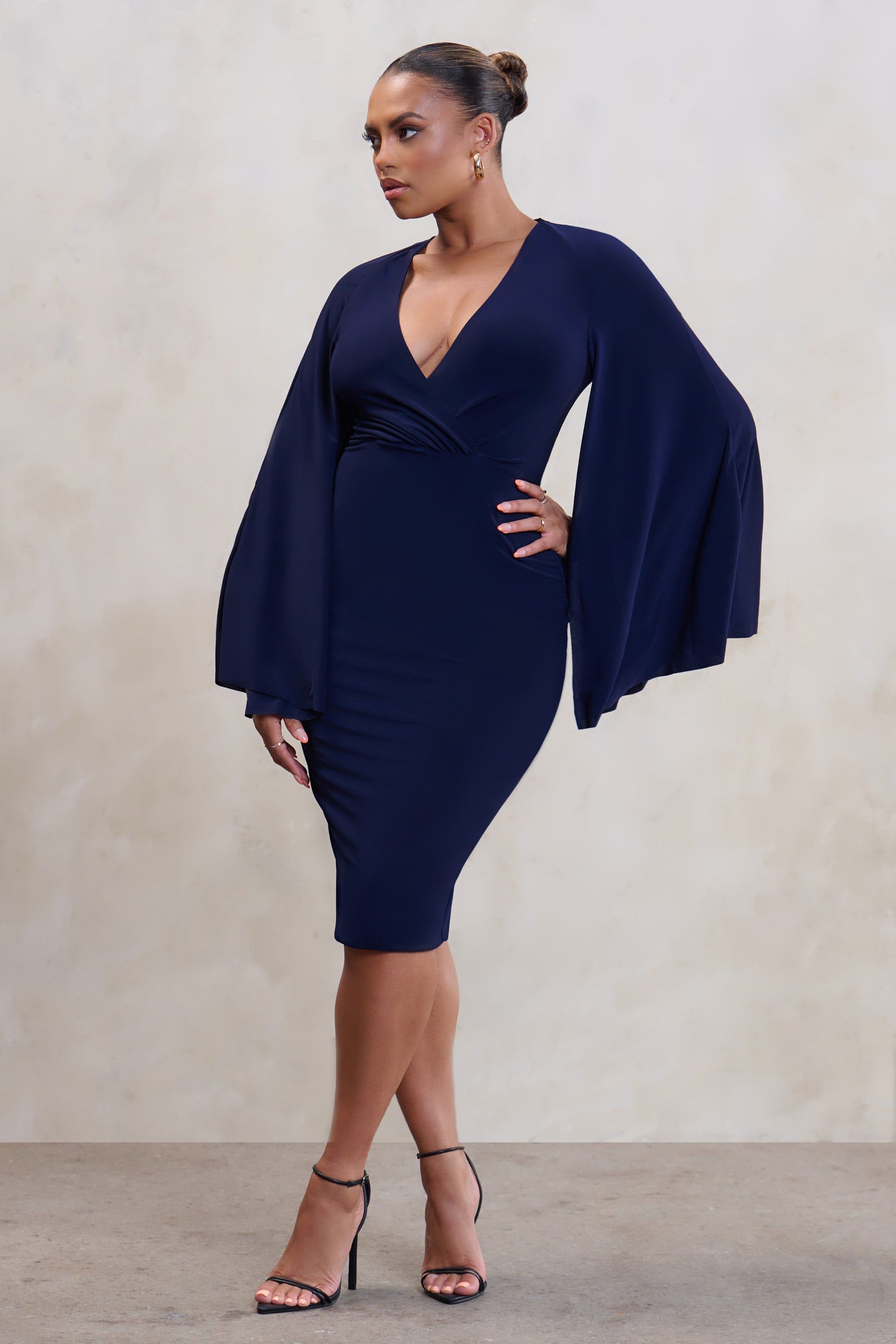 Fierce | Navy Plunge Neck Midi Dress With Cape Sleeves sold by Club L London product image thumbnail 5
