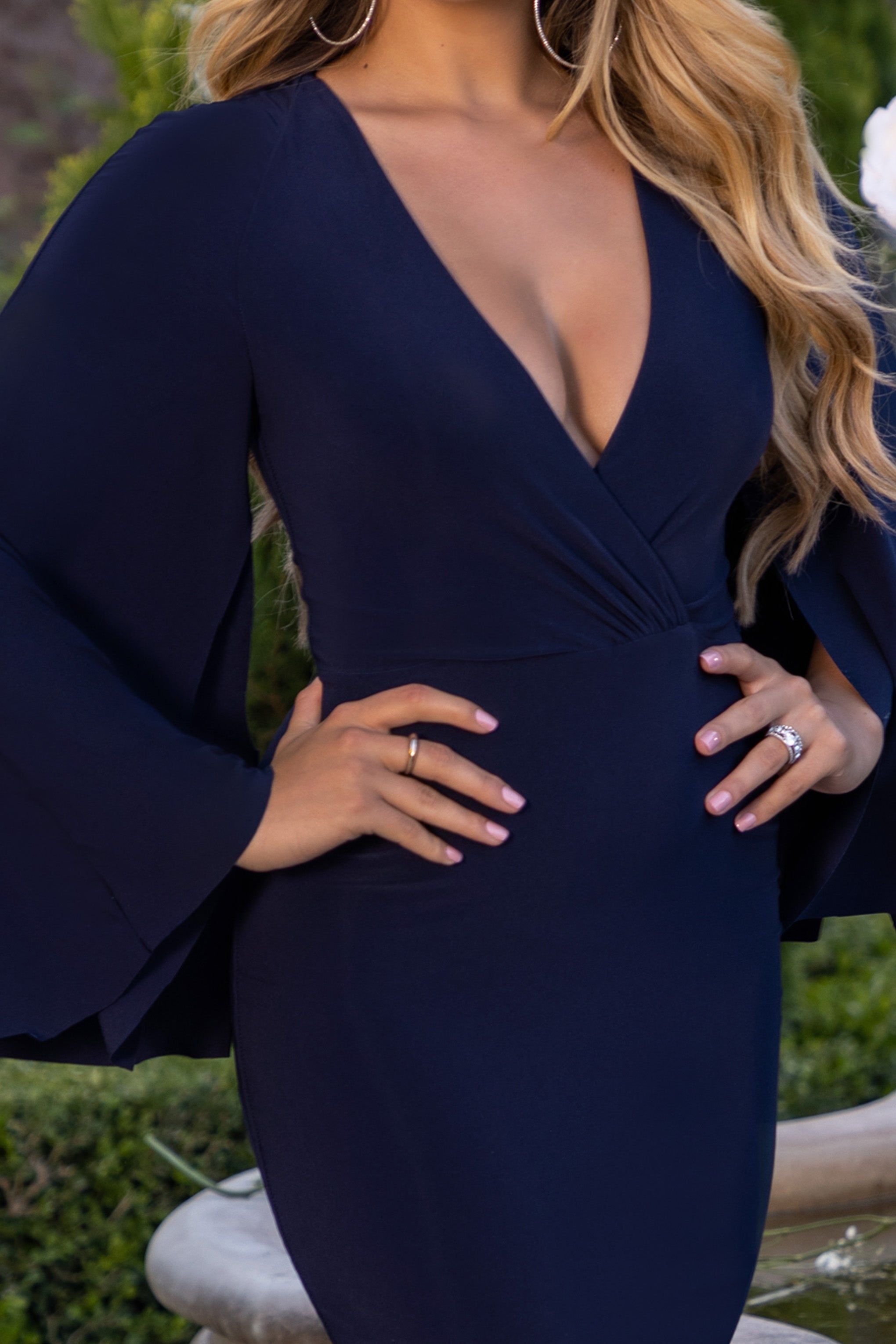 Fierce | Navy Plunge Neck Midi Dress With Cape Sleeves sold by Club L London product image thumbnail 3