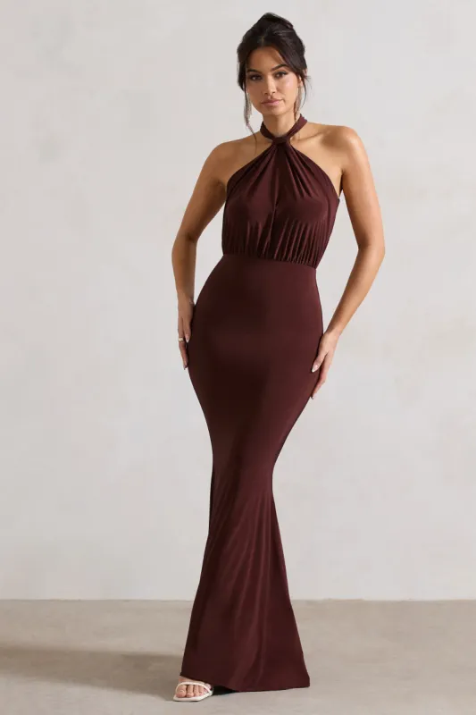 Vanessa | Chocolate Brown Knot Halter-Neck Maxi Dress sold by Club L London