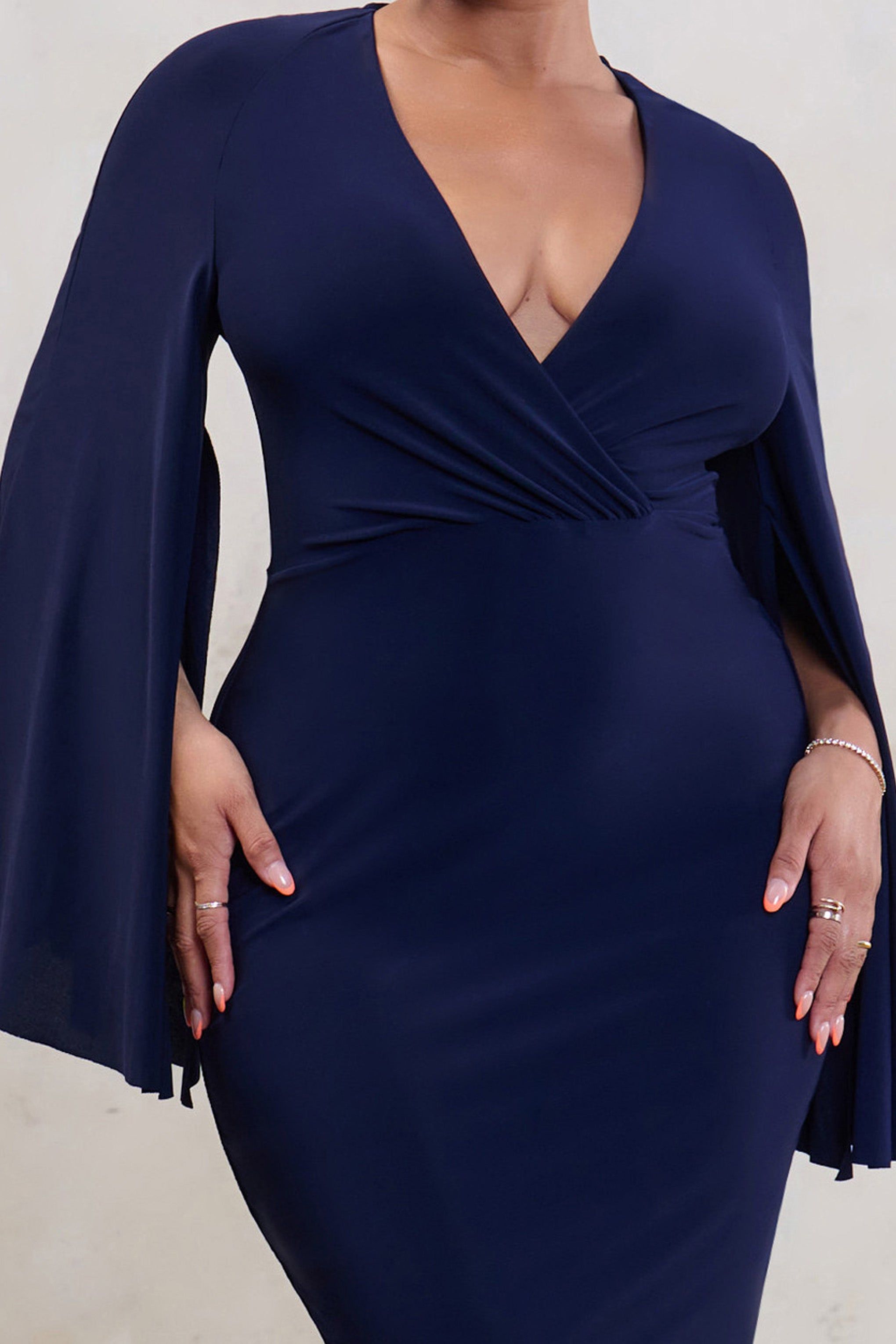Fierce | Navy Plunge Neck Midi Dress With Cape Sleeves sold by Club L London product image thumbnail 7