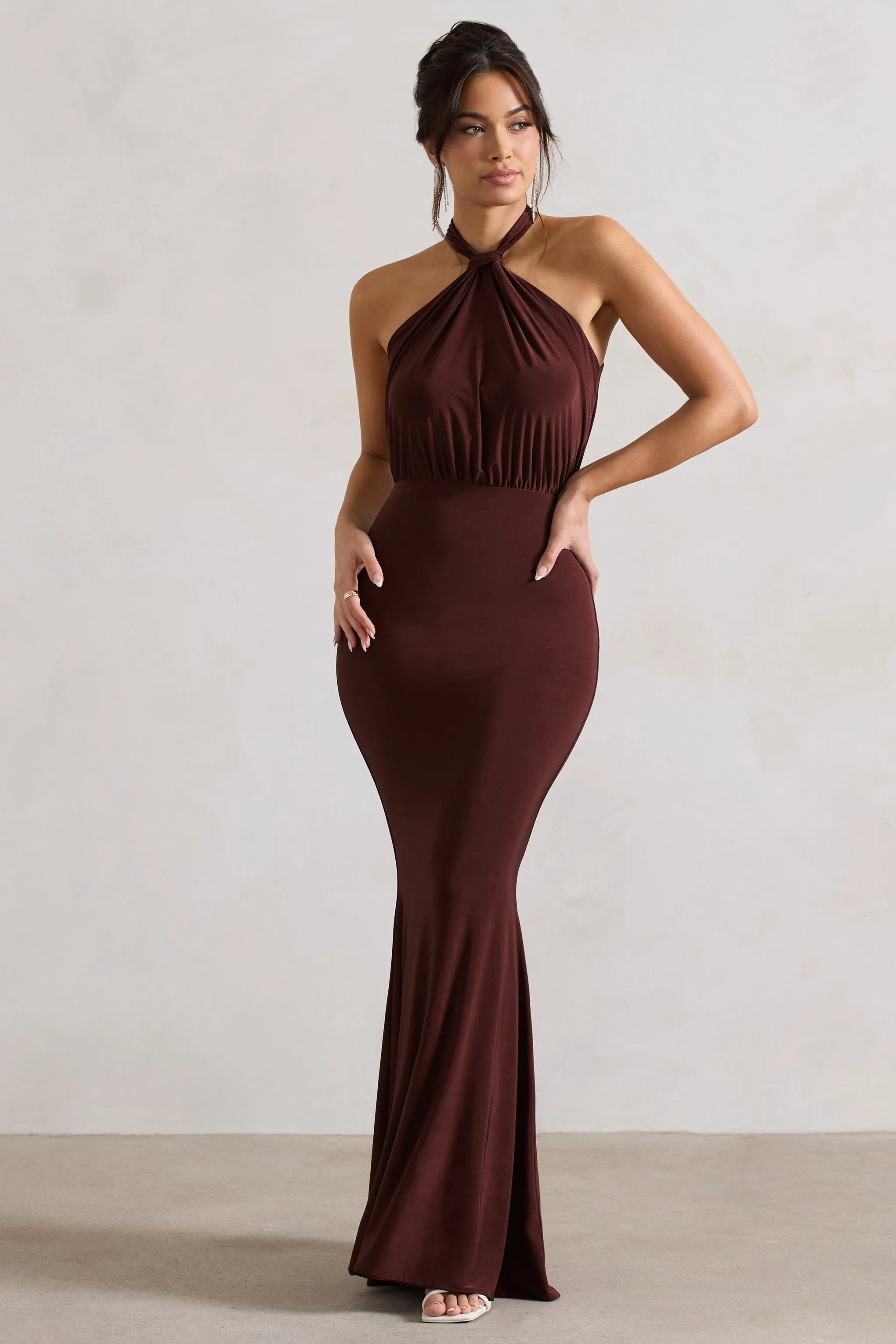 Vanessa | Chocolate Brown Knot Halter-Neck Maxi Dress sold by Club L London product image thumbnail 4
