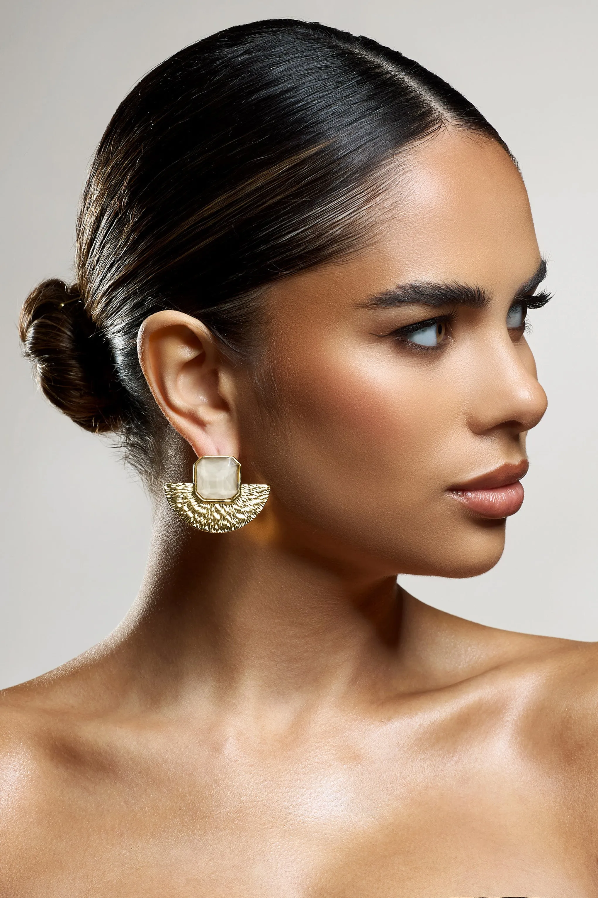 Selma | Nude Pendant Half Disc Gold Earrings sold by Club L London product image thumbnail 2