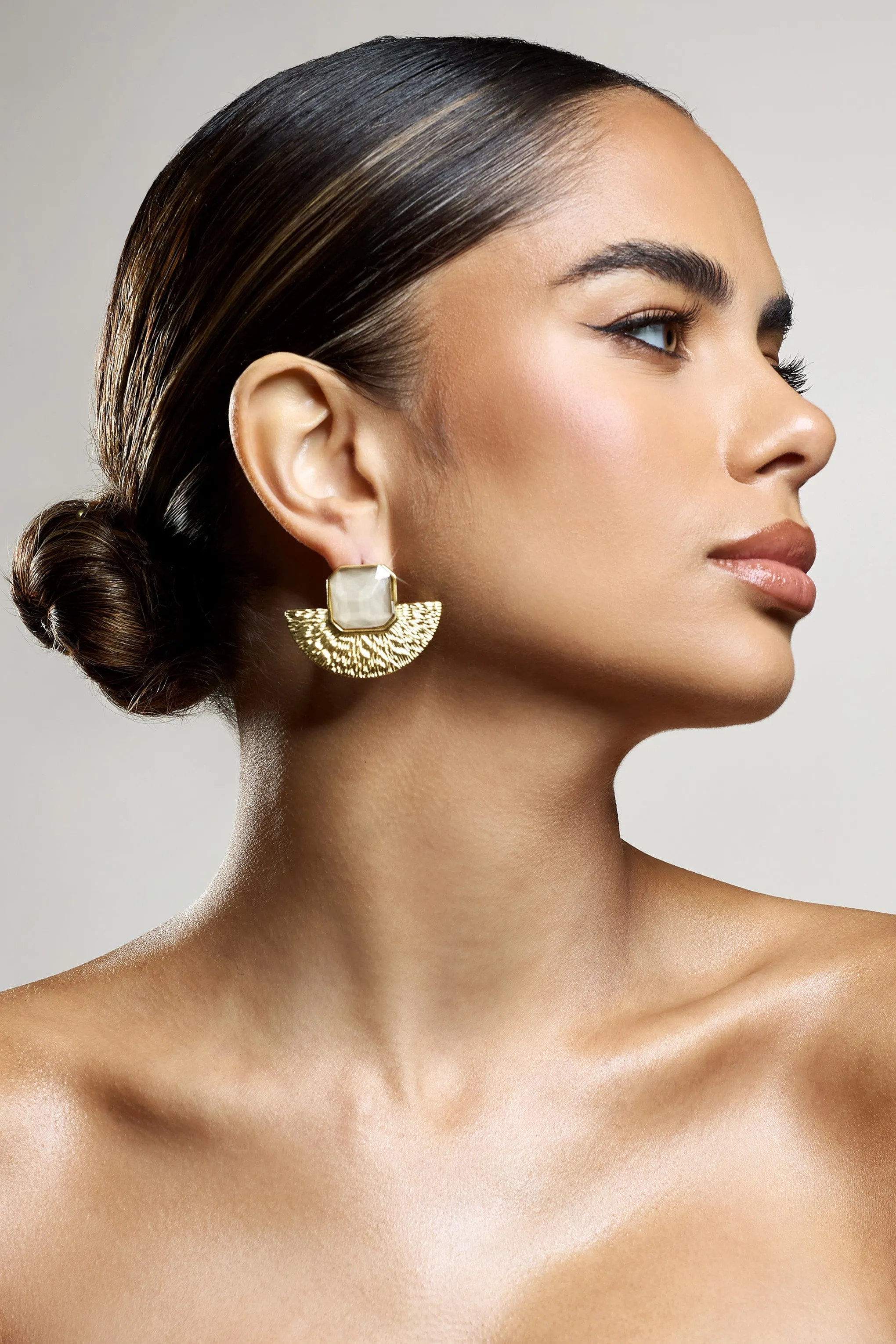 Selma | Nude Pendant Half Disc Gold Earrings sold by Club L London